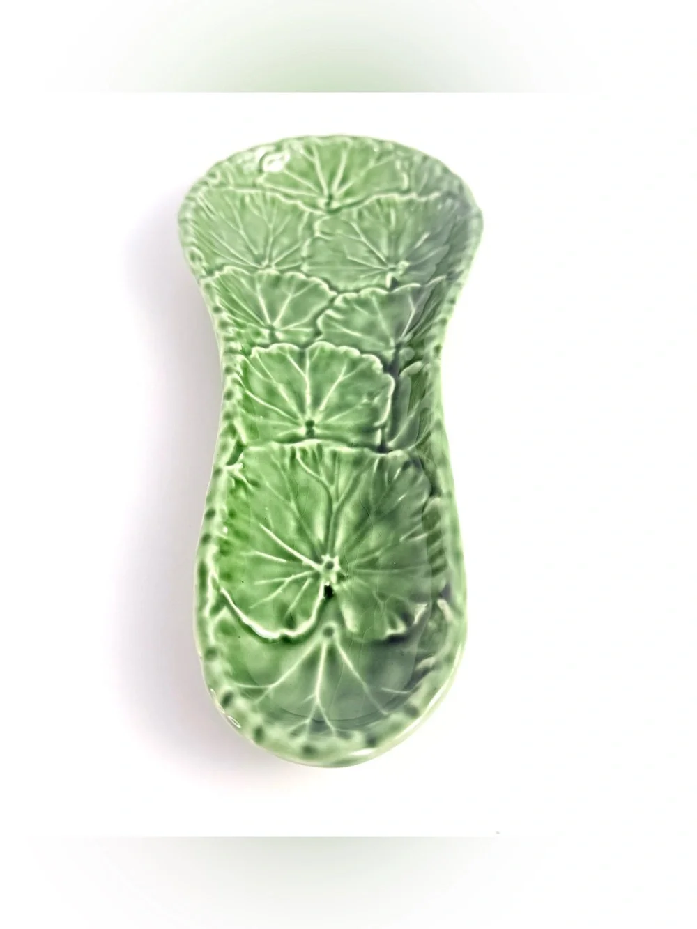 Vintage Ceramic Spoon Rest Olfaire Green Glazed Majolica Leaf Portugal Made